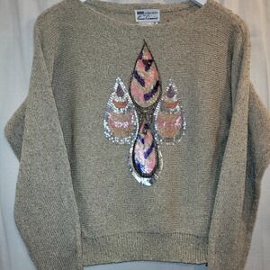 Umi Collections Sweater Small VTG Gold Metallic Sequin Applique Anne Crimmins